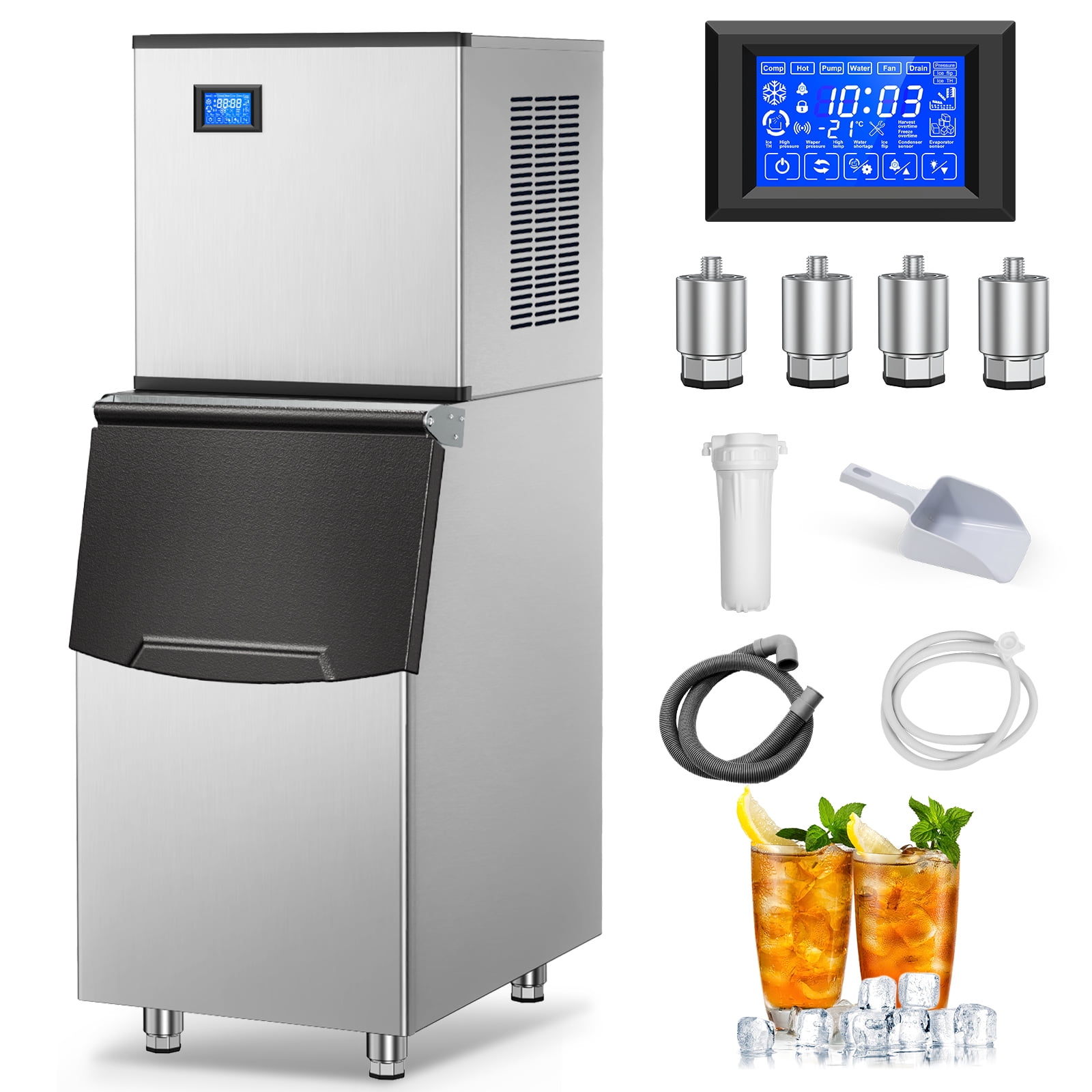 TITTLA 500 lbs/24-Hours Split Commercial Freestanding Ice Maker in Silver Industrial Ice Machine, 300Lbs Storage, Ice Ready in 11-20min Two packages 182 Ice Cubes/Cycle