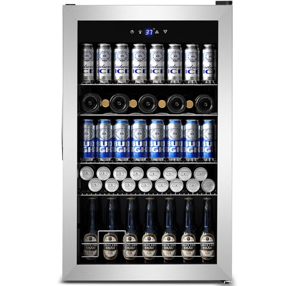 TITTLA Mini Fridge 150 Can Beverage Refrigerator and 9 bottles,with Adjustable Removable Shelves Glass Door, for Soda Wine Beer ,Silver