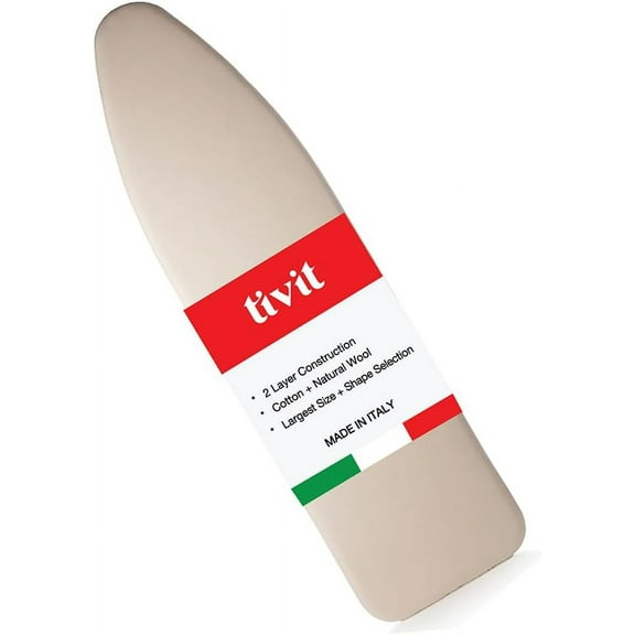 TIVIT Ironing Board Cover 18 x 50 Wide Chemical Free Eco-Friendly Padded Covers - Unbleached, Untreated Natural Cotton & Wool Pad - 2 Layer, 3 Fastener Straps, Pull Bungee Cord - Made in Italy