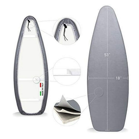 TIVIT Ironing Board Covers 18 x 53 Durable Alumitek PRO Heat Reflective Silicone Pads are Scorch & Stain Resistant - Made w/3 Layers of Padding, 3 Fastener Straps & Pull Bungee Cord - Made in Italy