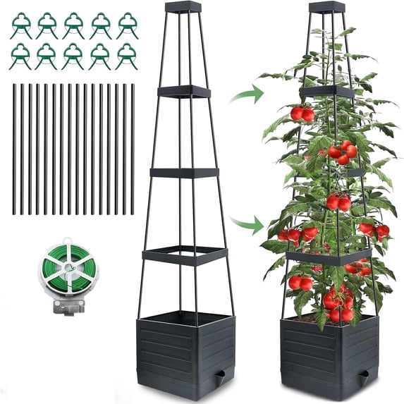 Tomato Planter with Trellis, 58" Raised Garden Bed Planters Box for Climbing Vegetables Plant, Self Watering Tomato Support Cages for Garden Pots, Use for Patios Greenhouse Indoor Outdoor