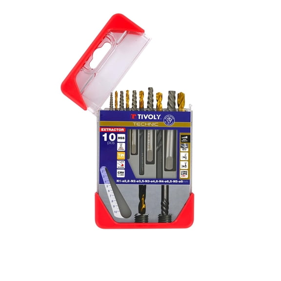 TIVOLY - Broken Screw Extractor Drill Set + TiN Coated HSS Drills - Set of 5 Drills & 5 Extractors N1  3/32"/N2  1/8"/N3  3/16"/N4  1/4"/N5  5/16"