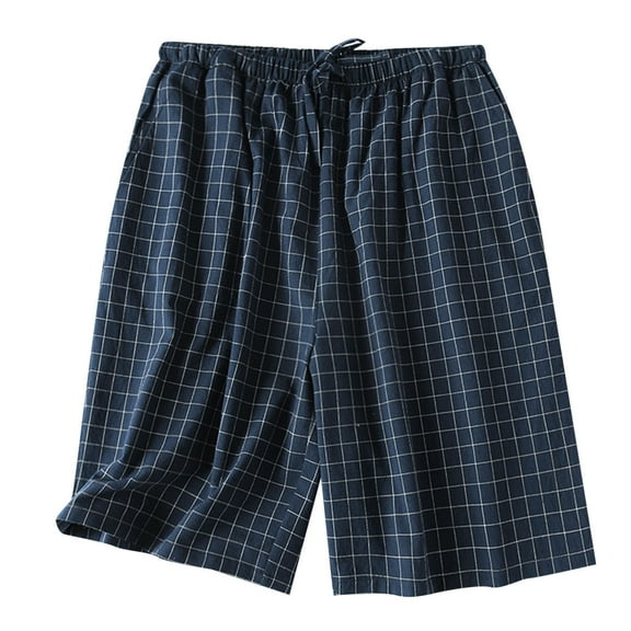 TIWEKE Lounge Shorts Men,Cotton Thin Plaid Loose Home Plus Size Navy,M
