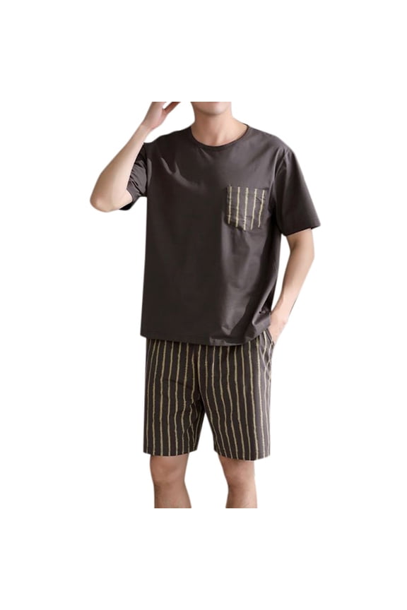 Mens Summer Pajamas Set Short Sleeve Leisure Simple Can Be Worn Outside The Home Suit,Sizes L