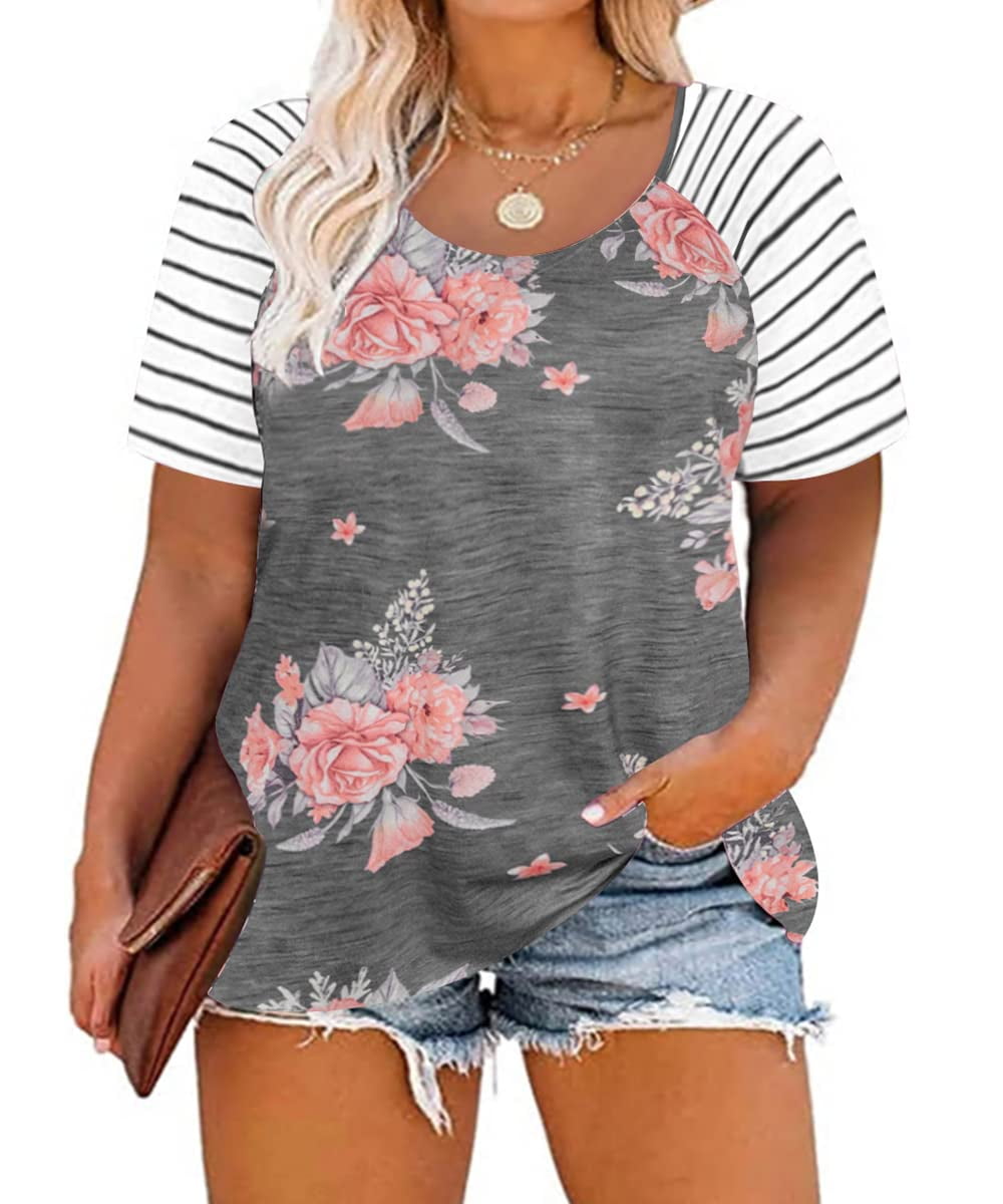 TIYOMI 3X Plus Size Tops For Women Floral Print Tunics Short Sleeve Stripe Summer  Shirts Raglan Round Neck Gray Color Block Blouses Casual Tees 3XL 22W 24W 