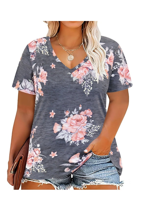 3X Plus Size Tops For Women Floral Print Tunics Short Sleeve Summer Shirts Basic V-Neck Blouses Casual Pullover 3XL 22W 24W
