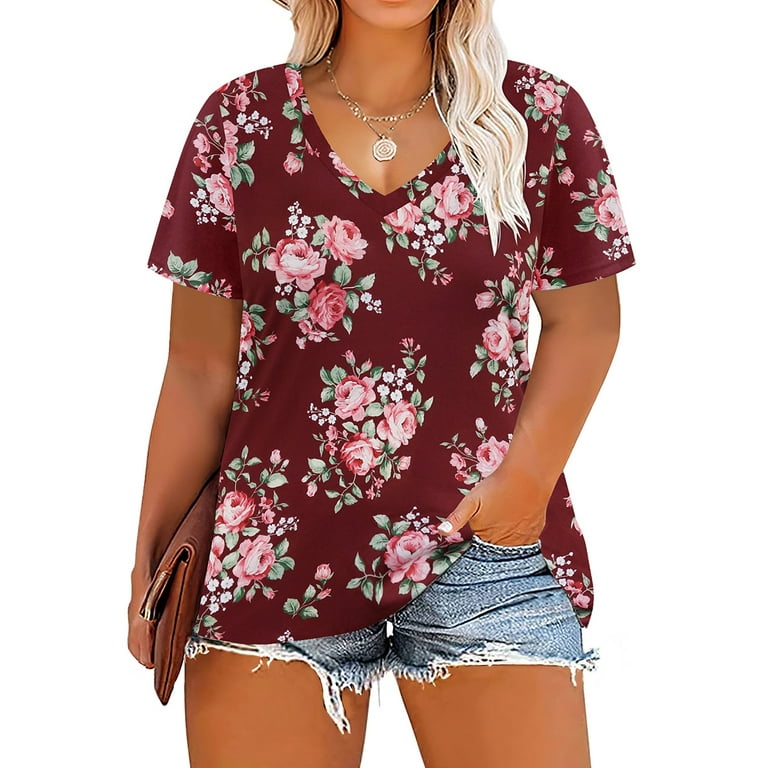 TIYOMI 3X Plus Size Tops For Women Floral Print Tunics Short Sleeve Summer  Shirts Wine Red Basic V-Neck Blouses Casual Tees 3XL 22W 24W