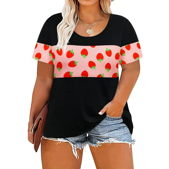 TIYOMI 3X Plus Size Tops For Women Strawberry Tunics Short Sleeve Gaphic Summer Shirts Round Neck Color Block Blouses Black Casual Tees 3XL 22W 24W