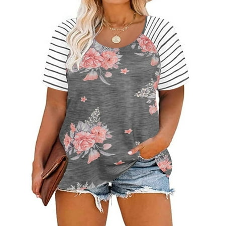 TIYOMI 3X Plus Size Tops For Women Floral Print Tunics Short Sleeve Stripe Summer Shirts Raglan Round Neck Gray Color Block Blouses Casual Tees 3XL 22W 24W