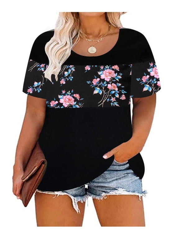 Floral Plus Size Tops Womens Gaphic Short Sleeve Summer Black T-Shirts Round Neck Color Block Blouses 2XL 18W 20W