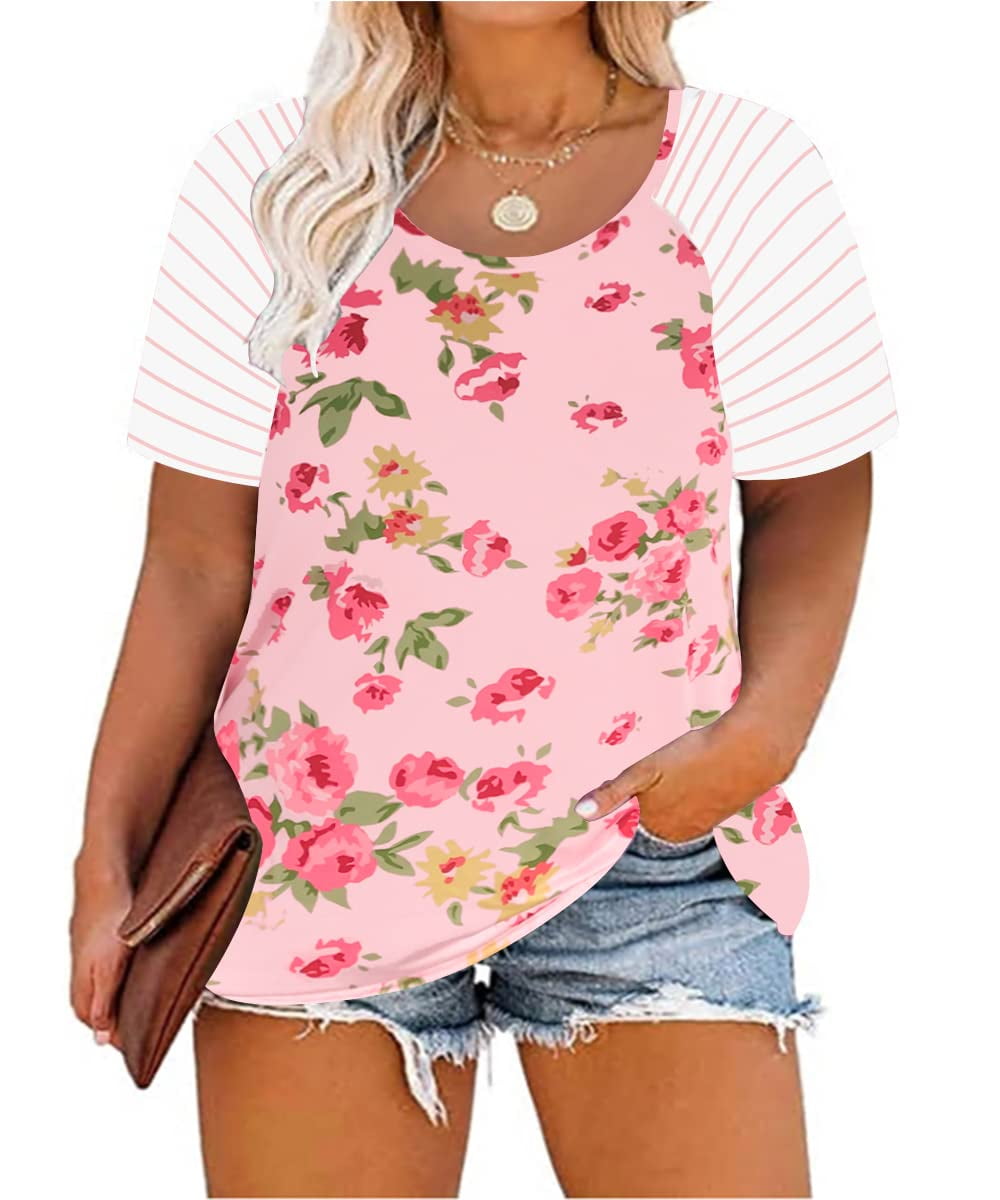 CARCOS Plus Size Floral Tunic Top - Short Sleeve V-Neck Blouse For Women, 3XL 22W-24W