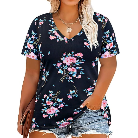 TIYOMI Floral Plus Size Tops Womens Short Sleeve Summer T-Shirts V-Neck Basic Black Shirts Casual Blouses 2XL 18W 20W