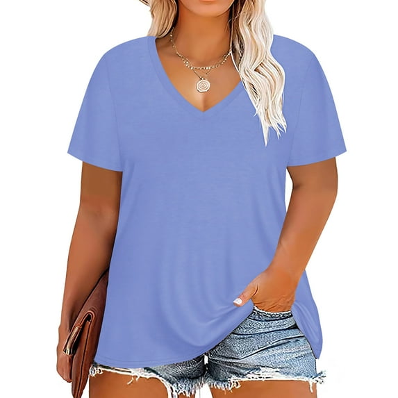 TIYOMI Ladies Plus Size 4X Baby Blue T-shirts Tops V Neck Blouses Short Sleeve Shirts Casual Summer Loose Fit Pullover 4XL 24W 26W