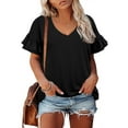thumbnail image 1 of TIYOMI Ladies Plus Size 4X Black Tops V Neck Knitted Shirts Ruffle Short Sleeve Blouses Summer Pullover 4XL 24W 26W, 1 of 6