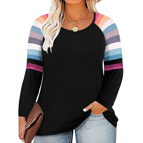 TIYOMI Ladies Plus Size 4X Black Tunic Long Sleeve Raglan V Neck Color Block Rainbow Stripes Shirt Loose Fit Tops Autumn Fall Winter Blouses 4XL 24W 26W
