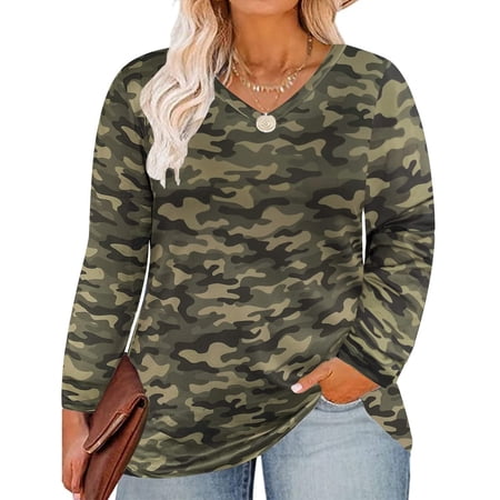 TIYOMI Ladies Plus Size 4X Camo Tunic Long Sleeve Army Green V Neck Shirt Casusal Tops Fall Winter Blouses 4XL 24W 26W