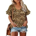 thumbnail image 1 of TIYOMI Ladies Plus Size 4X Leopard Tops V Neck Animal Shirts Ruffle Short Sleeve Blouses Knitted Summer Pullover 4XL 24W 26W, 1 of 2