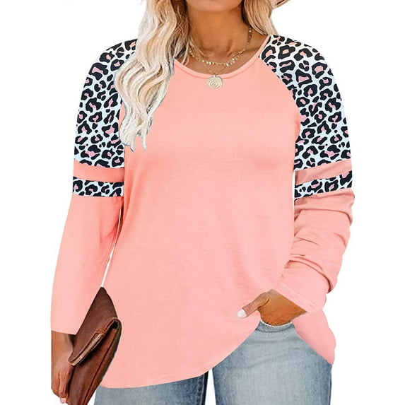 TIYOMI Ladies Plus Size 4X Leopard Tunic Long Sleeve Color Block Crewneck Raglan Shirt Pink Loose Fit Tops Autumn Fall Winter Blouses 4XL 24W 26W