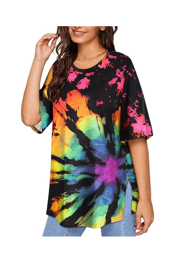 Ladies Plus Size 4X Oversized T-Shirts Distressed Tie Dye Summer Short Sleeve Sun Tops Crewneck Shirts Oversize Basic Boyfriend Tee Casual Loose Fit T-Shirt 4XL 24W 26W
