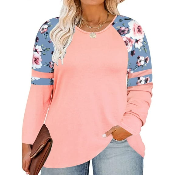 TIYOMI Ladies Plus Size 4X Pink Tunic Long Sleeve Raglan V Neck Color Block Blue Floral Shirt Loose Fit Tops Autumn Fall Winter Blouses 4XL 24W 26W