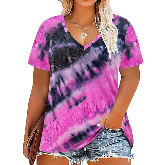 TIYOMI Ladies Plus Size 4X Purple Tie Dye Tops V Neck Blouses Short Sleeve Shirts Casual Summer Fashion Basic Casual Pullover 4XL 24W 26W
