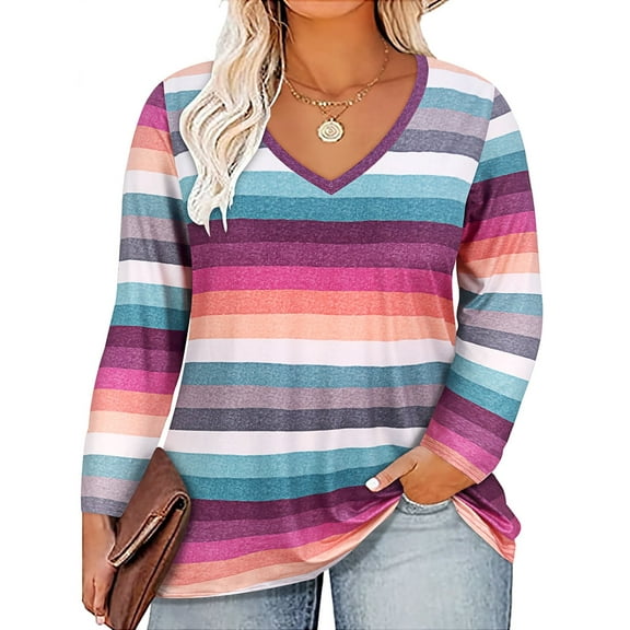 TIYOMI Ladies Plus Size 4X Rainbow Tunic Long Sleeve Colorful Printing V Neck Shirt Pattern Casusal Tops Fall Winter Blouses 4XL 24W 26W