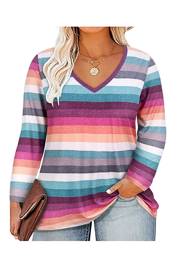 Ladies Plus Size 4X Rainbow Tunic Long Sleeve Colorful Printing V Neck Shirt Pattern Casusal Tops Fall Winter Blouses 4XL 24W 26W