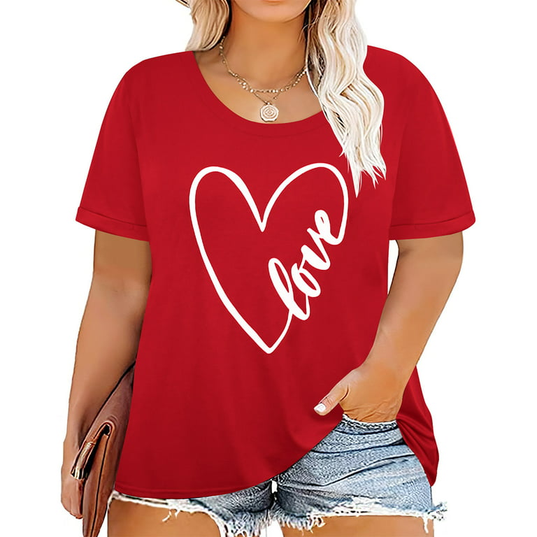TIYOMI Ladies Plus Size 4X Red Tops Crewneck Valentines Day Short Sleeve  Shirts LOVE Heart Blouses Fall Winter Pullover 4XL 24W 26W 