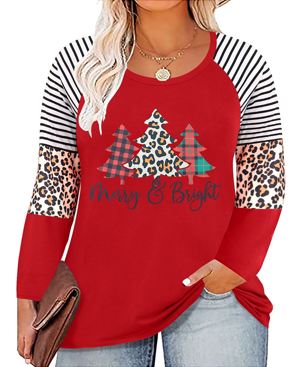 TIYOMI Ladies Plus Size 4X Red Tops Merry Christmas Crewneck Long Sleeve  Shirts Red Raglan Leopard Stripe Blouses Color Block Pullover Autumn Winter  Tee 4XL 24W 26W 
