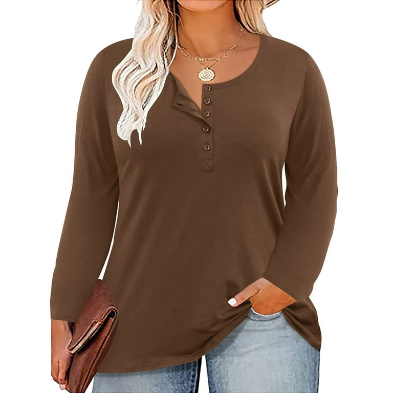  Plus Size Long Sleeve Tops For Women Winter Crewneck  Sweatshirts Oversized Casual Henley Shirts Leopard Tops Color Block  Pullover 5XL Caramel 26W 5X 28W