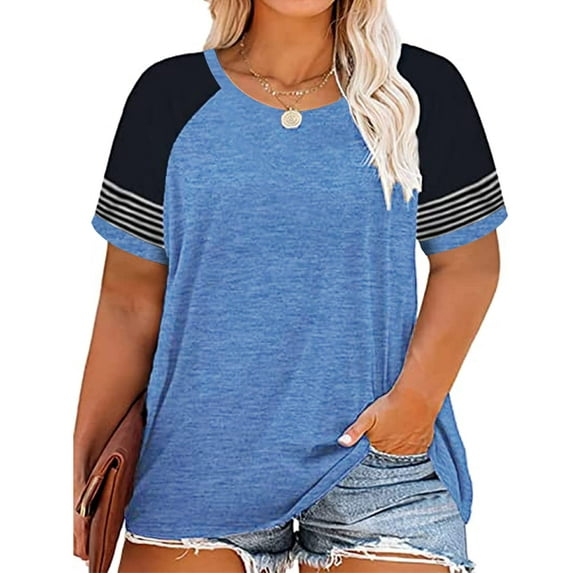 TIYOMI Ladies Plus Size 4X Stripe Sleeve Raglan Tunic Short Sleeve Blue Crewneck Shirt Casusal Tops Color Block Blouses 4XL 24W 26W