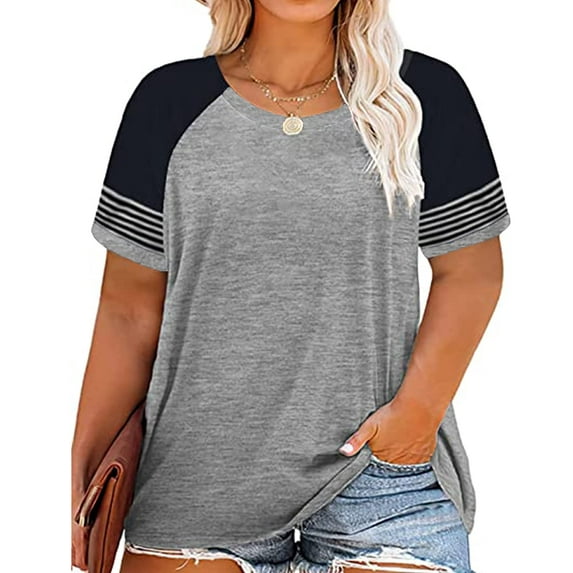 TIYOMI Ladies Plus Size 4X Stripe Sleeve Raglan Tunic Short Sleeve Grey Crewneck Shirt Casusal Tops Color Block Blouses 4XL 24W 26W