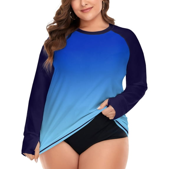 TIYOMI Ladies Plus Size 4X Surfing Swim Blue Gradient Shirts Long Sleeve Swimsuit Tops Rash Guard Tee UPF 50+ Sun Protection Flower Workout Tee 4XL 24W 26W