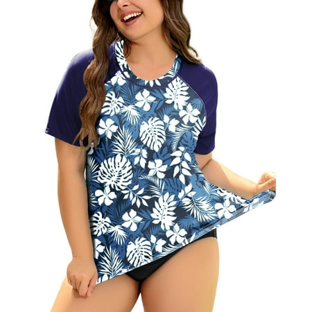TIYOMI Ladies Plus Size 4X Surfing Swim Shirts Short Sleeve Swimsuit Tops Blue Floral Raglan Tee Rash Guard UPF 50+ Sun Protection Tee 4XL 24W 26W