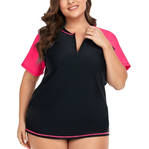 TIYOMI Ladies Plus Size 4X Surfing Swim Zip Shirts Short Sleeve Swimsuit Tops Black Pink Raglan Tee Rash Guard UPF 50+ Sun Protection Tee 4XL 24W 26W