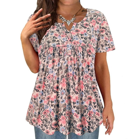 TIYOMI Ladies Plus Size 4X Swing Flowy Floral Tops Henley Blouses Summer Short Sleeve Buttons Up Tunics Pink Flower Dressy Blouses Pleated Babydoll Casual Tunics 4XL 24W 26W