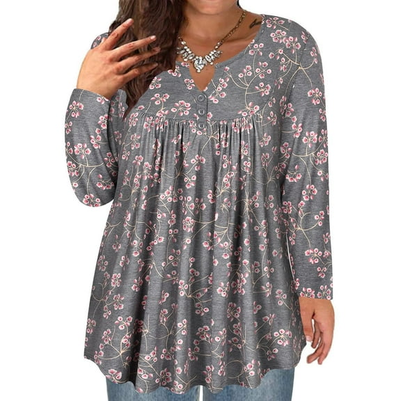 TIYOMI Ladies Plus Size 4X Swing Flowy Tops Grey Henley Blouses Long Sleeve Buttons Up Tunics Pink Flower Dressy Blouses Pleated Babydoll Casual Shirts Fall Tunics 4XL 24W 26W