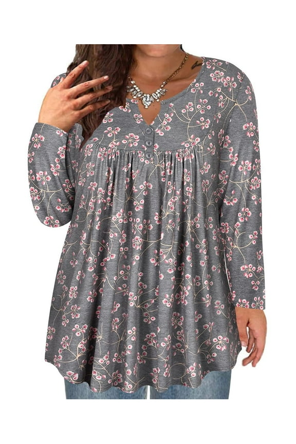 Ladies Plus Size 4X Swing Flowy Tops Grey Henley Blouses Long Sleeve Buttons Up Tunics Pink Flower Dressy Blouses Pleated Babydoll Casual Shirts Fall Tunics 4XL 24W 26W