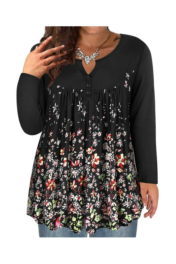 Ladies Plus Size 4X Swing Flowy Tops Henley Blouses Long Sleeve Buttons Up Tunics Black Flower Dressy Blouses Pleated Babydoll Casual Shirts Fall Tunics 4XL 24W 26W