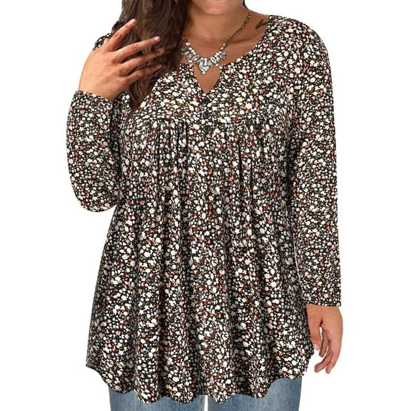 TIYOMI Ladies Plus Size 4X Swing Flowy Tops Henley Blouses Long Sleeve Buttons Up Tunics Small Floral Dressy Blouses Pleated Babydoll Casual Shirts Fall Tunics 4XL 24W 26W