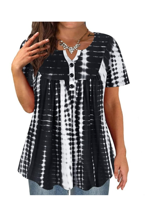 Ladies Plus Size 4X Swing Flowy Tops Henley Blouses Summer Short Sleeve Black Tie Dye Tunics Dressy Blouses Pleated Babydoll Casual Tunics 4XL 24W 26W