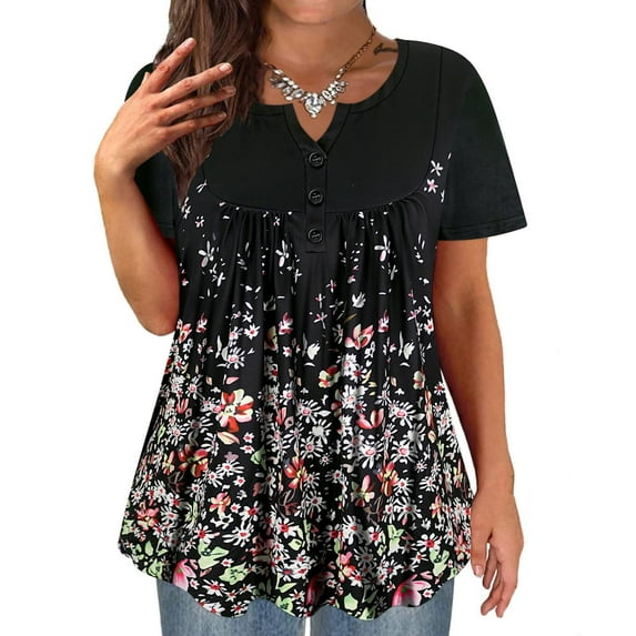 TIYOMI Ladies Plus Size 4X Swing Flowy Tops Henley Blouses Summer Short Sleeve Buttons Up Tunics Black Flower Dressy Blouses Pleated Babydoll Casual Tunics 4XL 24W 26W