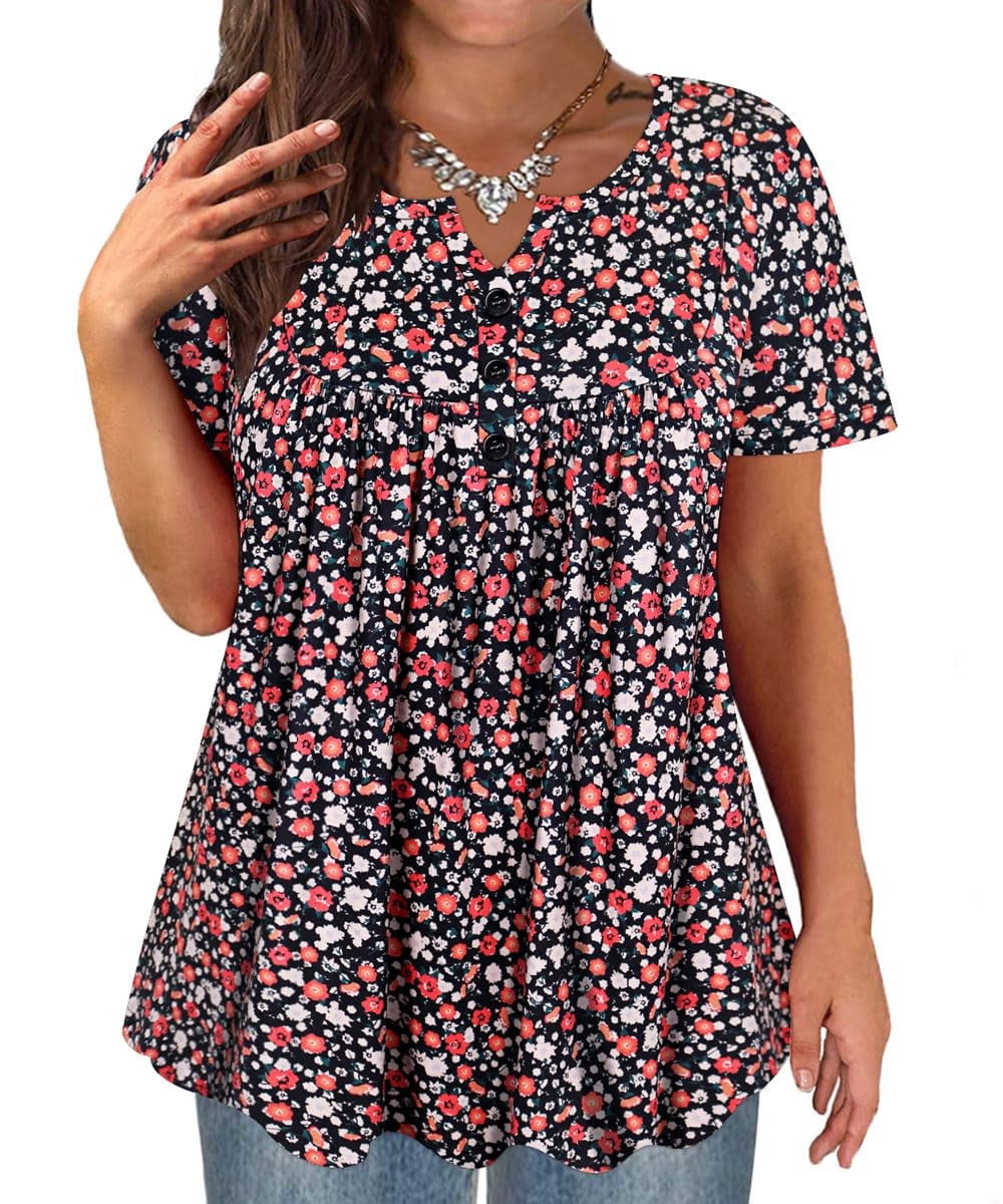 TIYOMI Plus Size Women's Tops – Short Sleeve Tunic Blouse With Floral Print, Round Neck, Sizes XL To 5XL