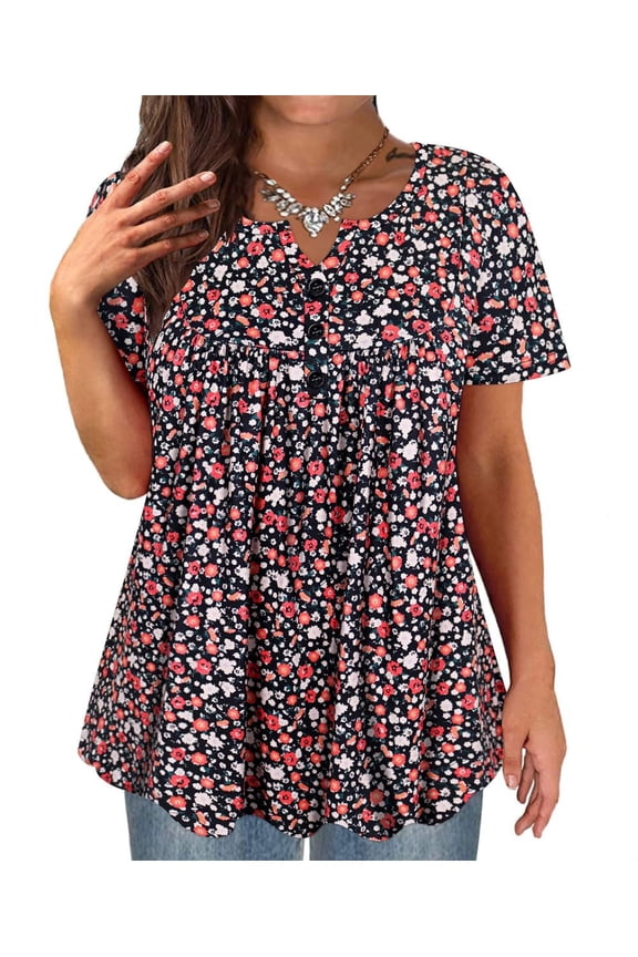 Ladies Plus Size 4X Swing Flowy Tops Henley Blouses Summer Short Sleeve Buttons Up Tunics Orange Floral Dressy Blouses Pleated Babydoll Casual Shirts Solid Tee Fall Tunics 4XL 24W 26W