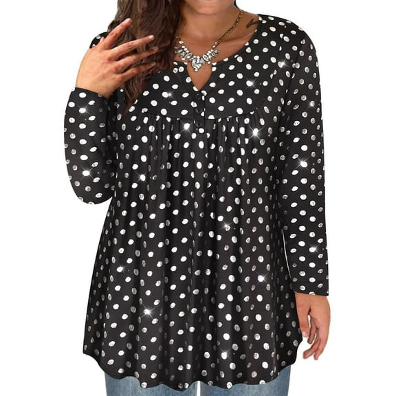TIYOMI Ladies Plus Size 4X Swing Flowy Tops Sequin Polka Dots V Neck Blouses Long Sleeve Tunics Pleated Babydoll Casual Shirts Fall Tunics 4XL 24W 26W