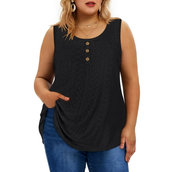 TIYOMI Ladies Plus Size 4X Tank Tops Black Eyelet Sleeveless Tunics Henley Button Down Shirts Basic Solid Tunics Camisoles Summer Tank Tops 4XL 24W 26W