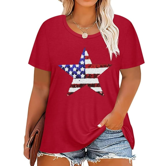TIYOMI Ladies Plus Size 4X Tops 4th of July Summer Short Sleeve Red Tops American Flag Star Shirts Oversize Star Tee Casual Loose Fit T-Shirt 4XL 24W 26W