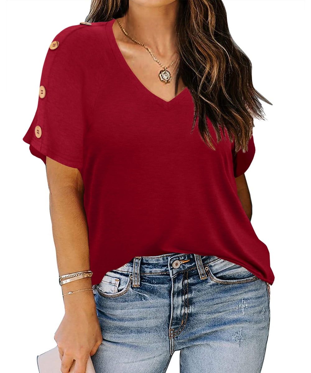 TIYOMI Ladies Plus Size 4X Wine Red Tops V Neck Blouses Short Sleeve Shirts  Casual Summer Button Pullover 4XL 24W 26W 