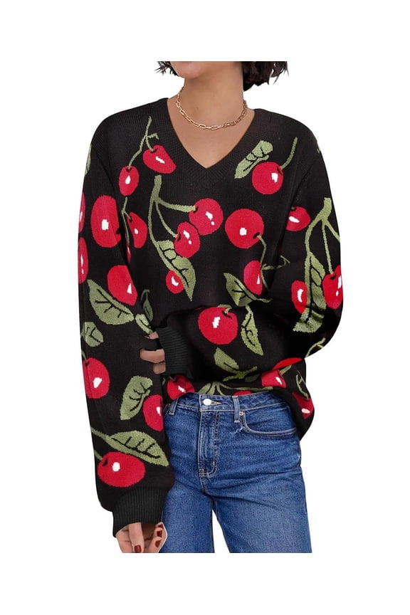 Ladies Plus Size Cherry Sweaters Warm Long Sleeve 4X Tops V Neck Knitted Pullover Chunky Sweater Casual Tee Fall Winter Jumper Tops 4XL 24W 26W
