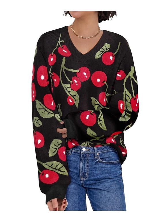 Ladies Plus Size Cherry Sweaters Warm Long Sleeve 4X Tops V Neck Knitted Pullover Chunky Sweater Casual Tee Fall Winter Jumper Tops 4XL 24W 26W